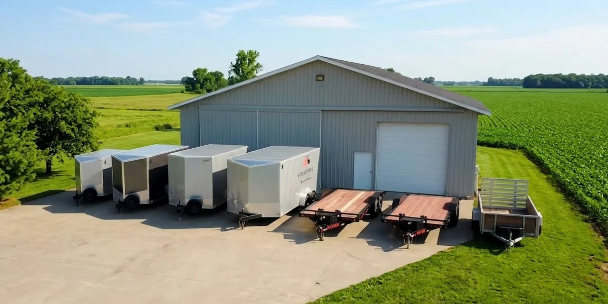 Hitch & Go enclosed, utility and flatbed trailers lined up outside the Zeeland rental building